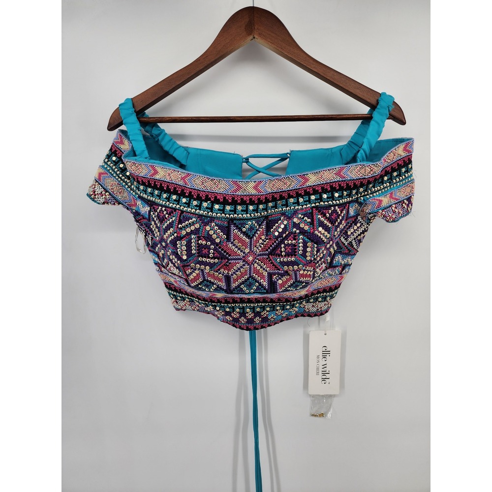 Ellie Wilde Mon Cheri Teal Multi Beaded Off Shoulder Crop Top Size 10